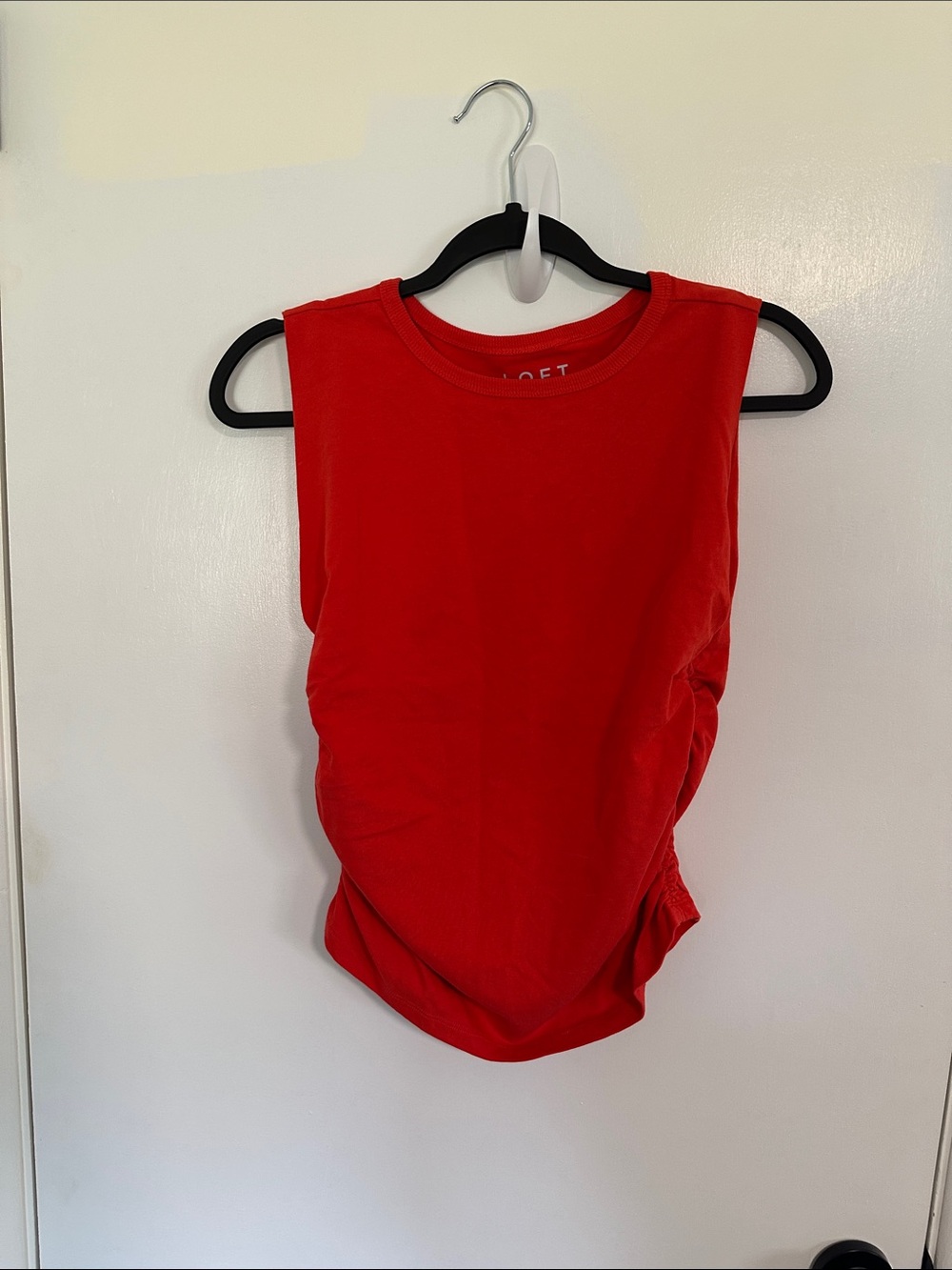 LOFT Bright Red/Orange Sleeveless Tank with side ruching size MP 100% cotton